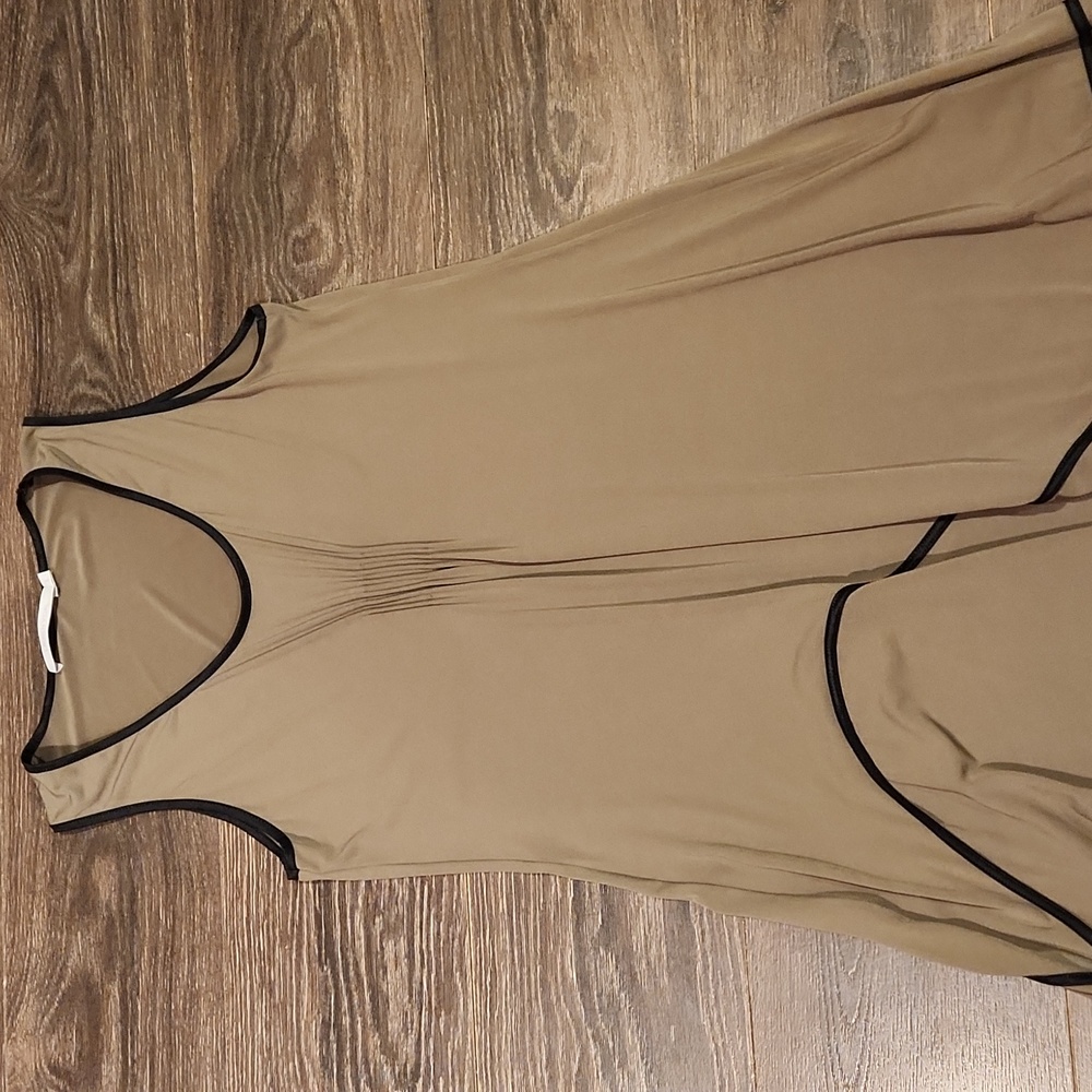 ❤️ LAUREN VIDAL BEIGE TANK MIDI DRESS WITH BLACK TRIM, LARGE - Picture 2 of 8